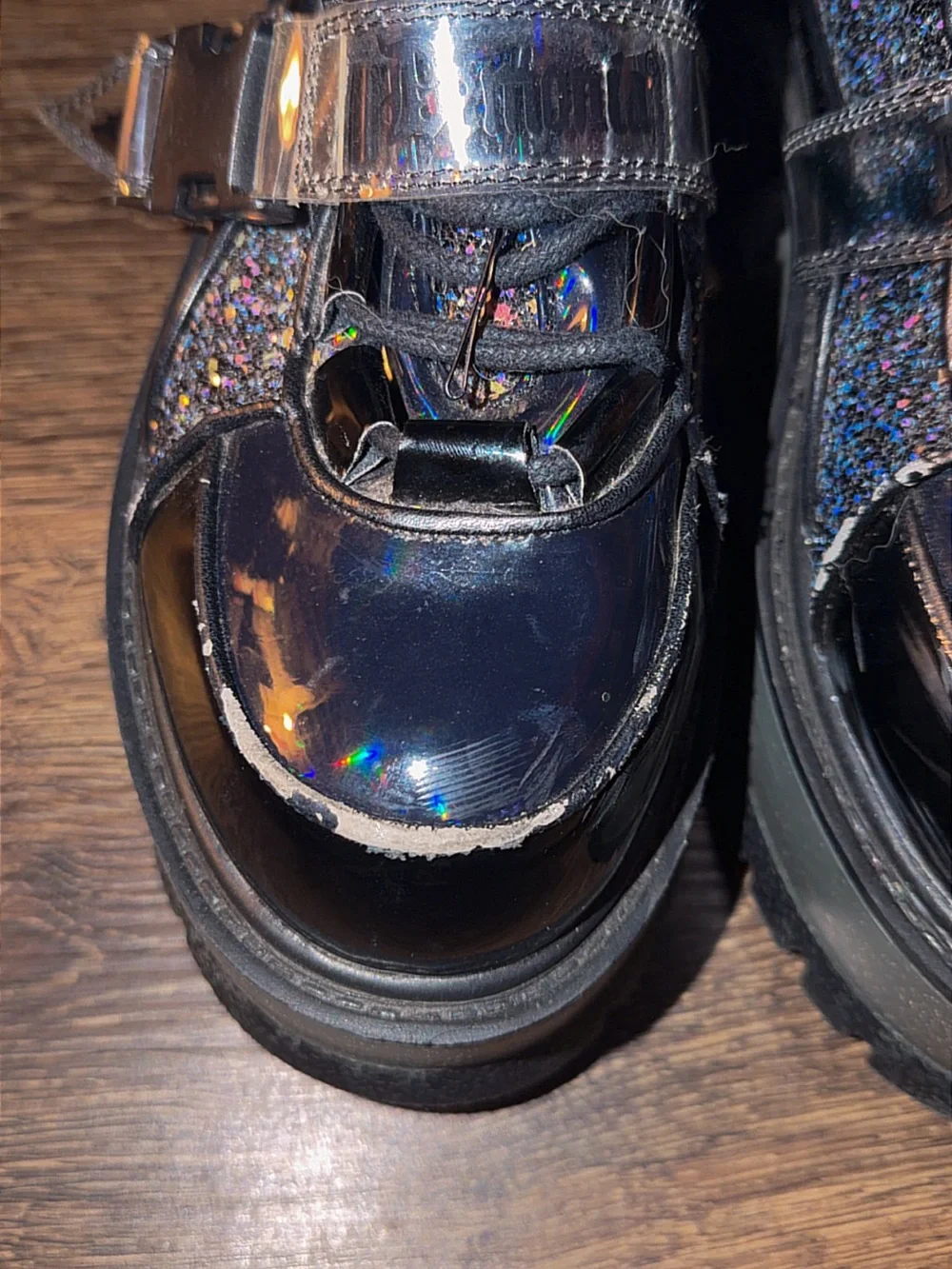 Black Glitter Platform Boots with Clear Straps